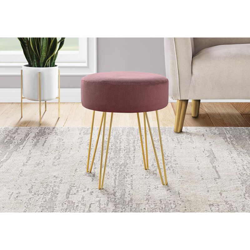 Ottoman, Pouf, Footrest, Foot Stool, 14 Round, Pink Fabric, Gold