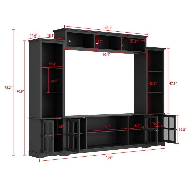 Black Wood TV Stand Fits TV's up to 75 in. with Top Open Shelves, Bookcase and Tempered Glass Door Cabinet