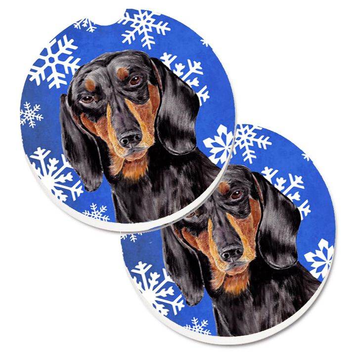 Caroline's Treasures Dachshund Winter Snowflakes Holiday Set of 2 Cup Holder Car Coasters SC9363CARC, 2.56, Multicolor