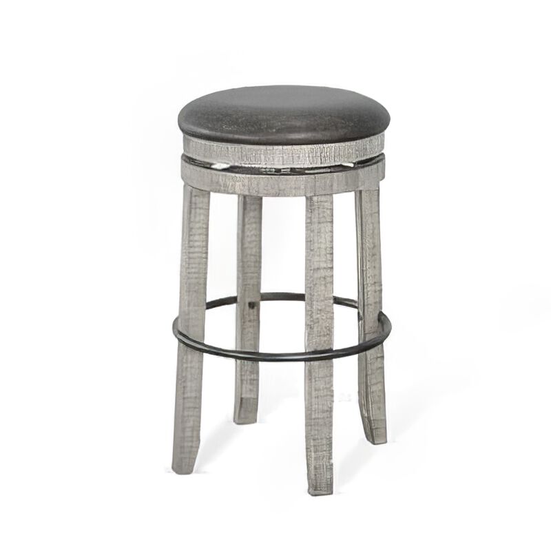 Zeka Swivel Barstool Set of 2, Gray Faux Leather and Mahogany Wood - Benzara