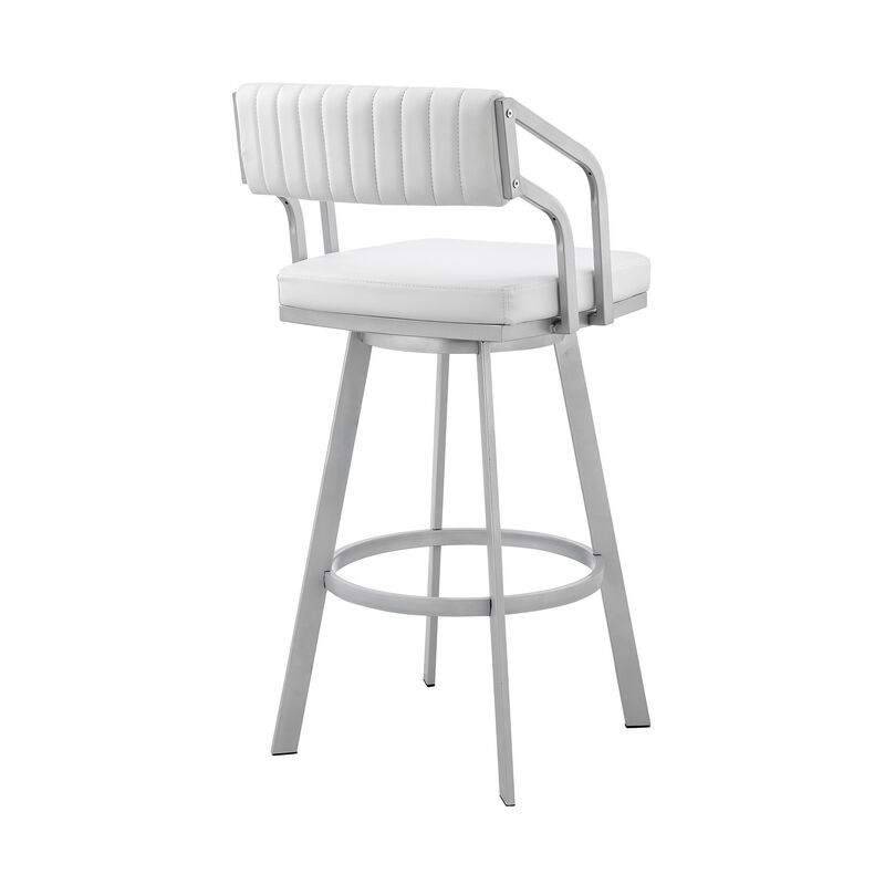 Blake 30 Inch Swivel Bar Stool, Open Back, Silver, White Faux Leather-Benzara image number 4