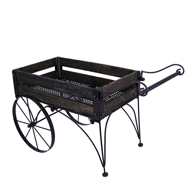 24 Inch Brown Wood & Metal Wagon Planter Indoor Outdoor Rustic Plant Stand image number 2