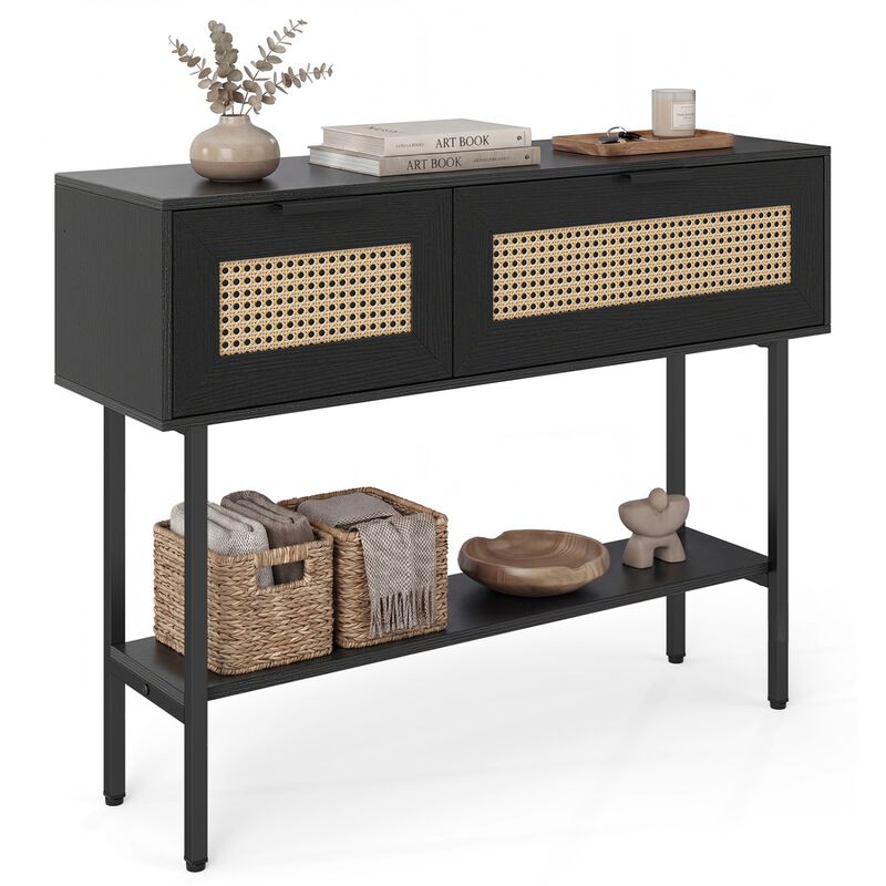 Rattan Entryway Console Table with Storage Cabinets Shelf and Metal Frame image number 3