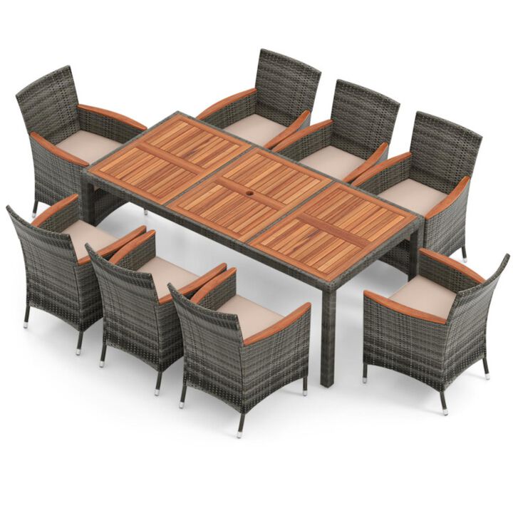 Hivvago 9 Pieces Rattan Patio Dining Set with Acacia Wood Table and Cushioned Chair