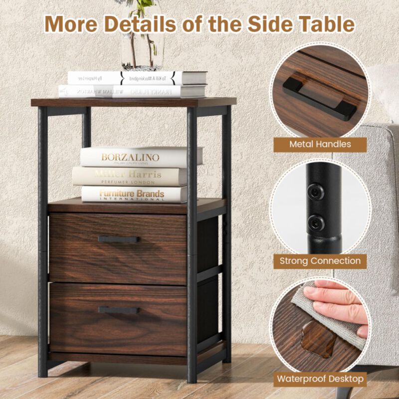 Hivvago 3-Tier Retro Nightstand with 2 Removable Fabric Drawers and Open Shelf-Walnut