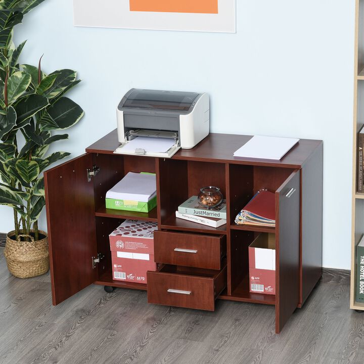 Brown Multifunction Printer Stand: Office filing cabinet and printer stand with two drawers, two shelves, and a smooth counter surface.