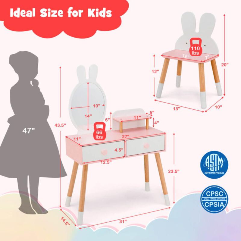 Hivvago Kids Vanity Table and Chair Set with Drawer Shelf and Rabbit Mirror