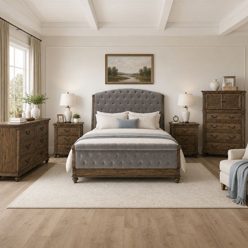 Queen Bedroom Set, Gray, Brown Wood, 5 Piece Set with 2 Nightstands, Dresser, and Chest image number 8