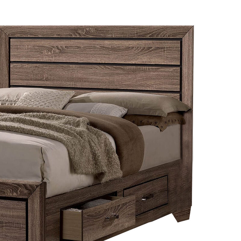 Wooden Queen Size Bed with 4 Spacious Side Rail Drawers, Brown-Benzara