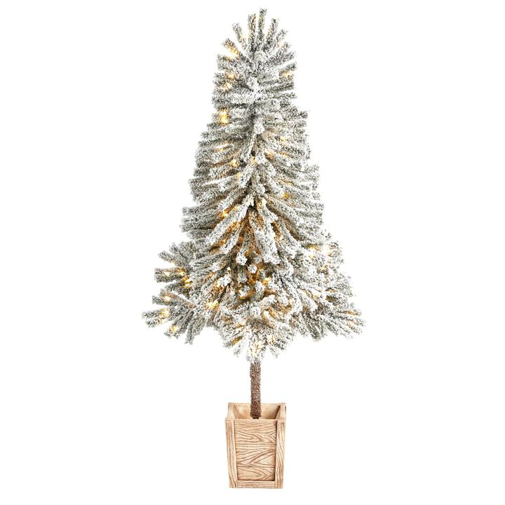 Nearly Natural 5-ft Winter Flocked Leaning Artificial Christmas Tree Pre-Lit with 150 LED Lights and 288 Bendable Branches in Decorative Planter