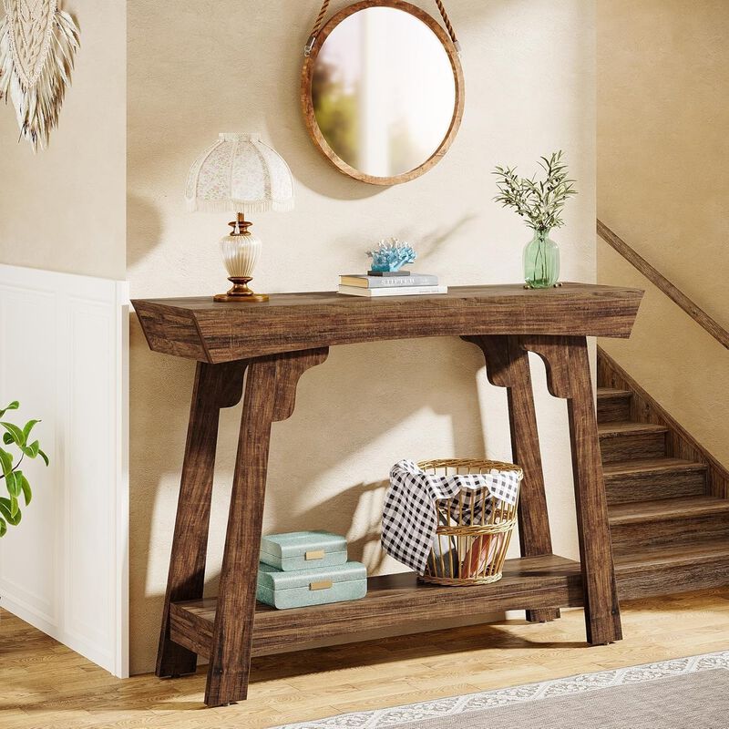 Tribesigns Farmhouse 2-Tier Wood Console Table with Storage Shelf image number 2