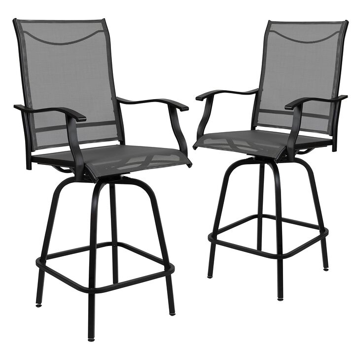 Flash Furniture Valerie Patio Bar Height Stools Set of 2, All-Weather Textilene Swivel Patio Stools with High Back & Armrests in Gray