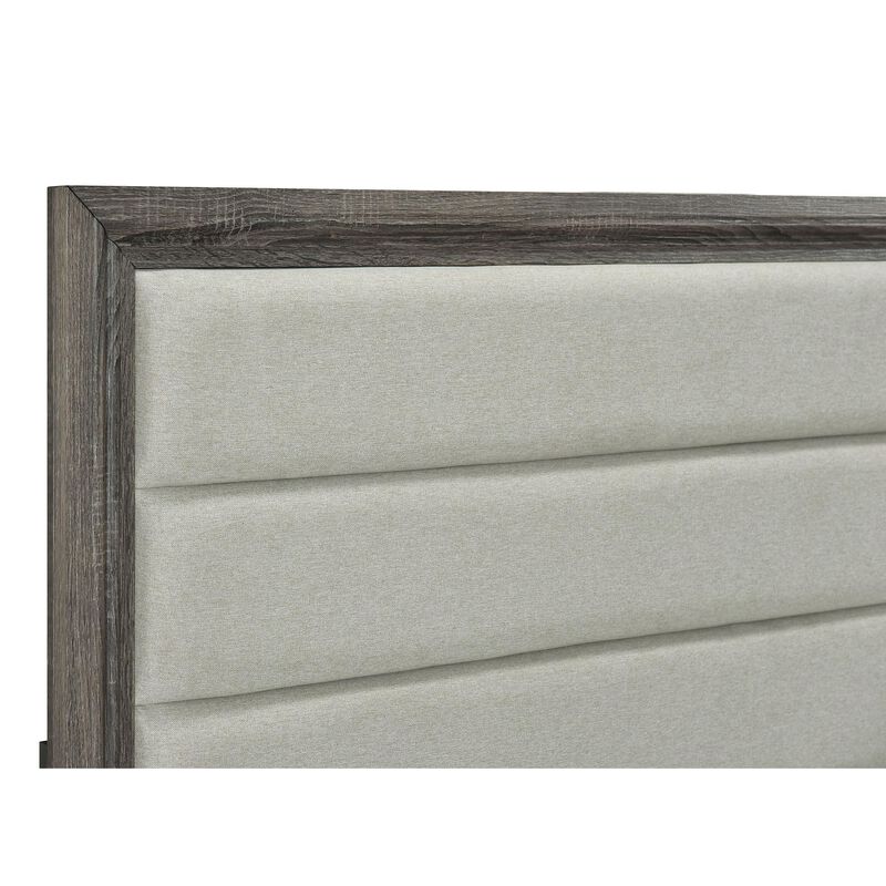 Reay King Size Bed, Oak Brown Wood, Tufted Tan Headboard Upholstery - Benzara