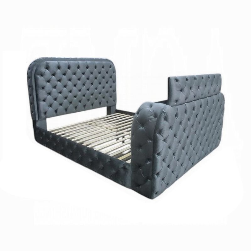 Kerie Queen Bed with LED Fireplace, Hidden Lift TV Stand, Gray Velvet - Benzara