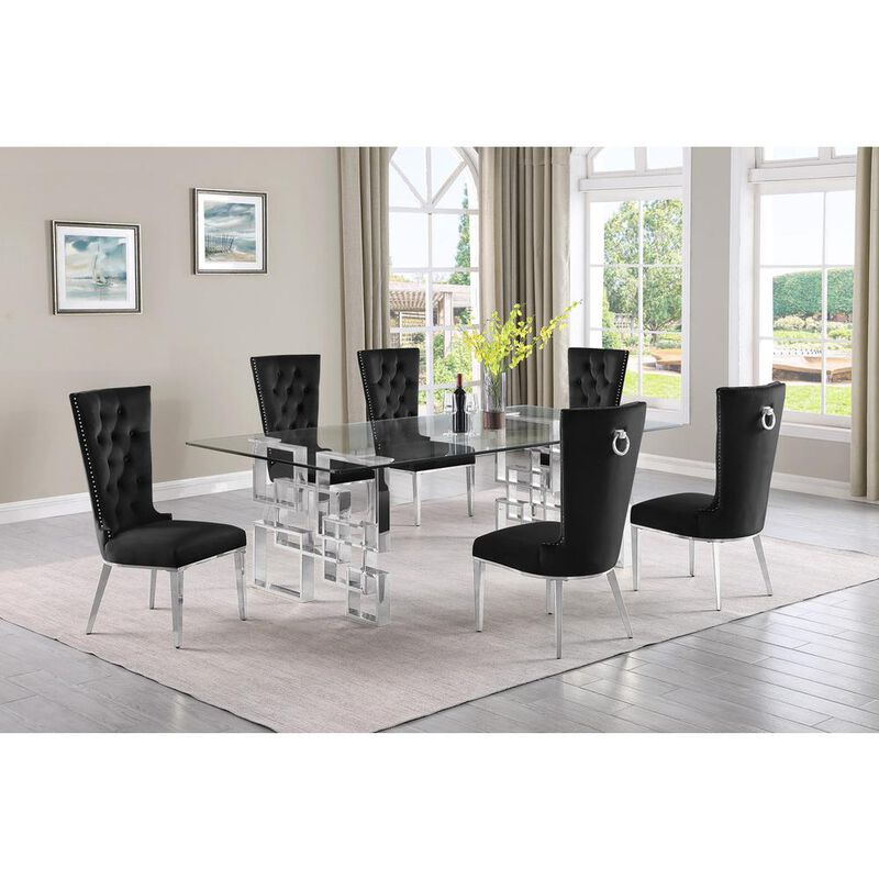 7-piece glam dining set with 6 black chairs and a 95" long glass  table