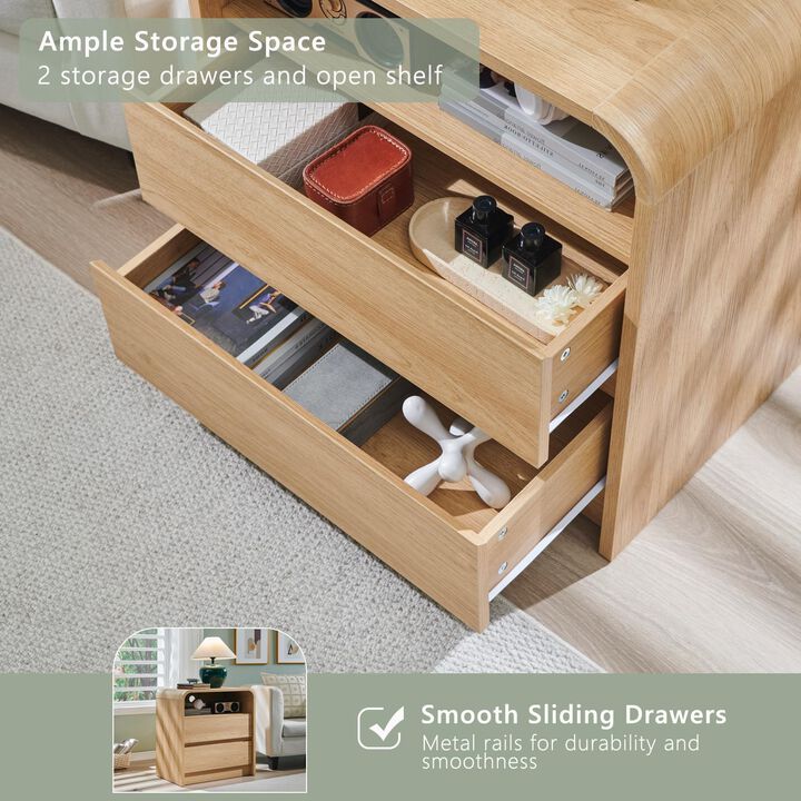 25" Tall Modern Nightstand with Charging Station, 2 Drawers & Open Shelf