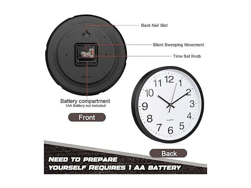 Pcs Bulk Black Wall Clock 12 Inch Silent Non Ticking Battery Operated image number 3