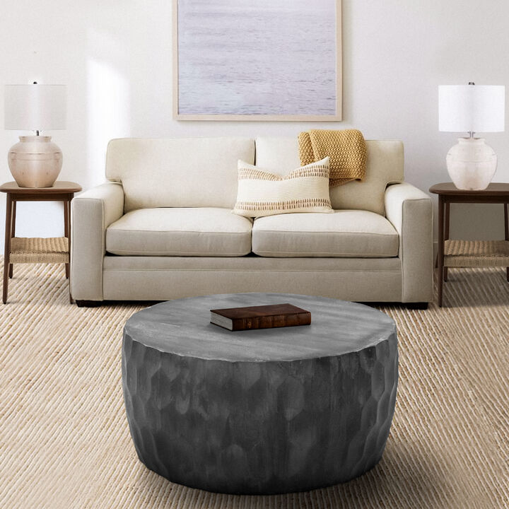 Val 34 Inch Handcrafted Mango Wood Coffee Table, Hammered Round Drum Shape, Honeycomb, Rustic Gray