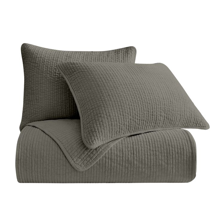 Stonewashed Gray Cotton Velvet King Quilt Set