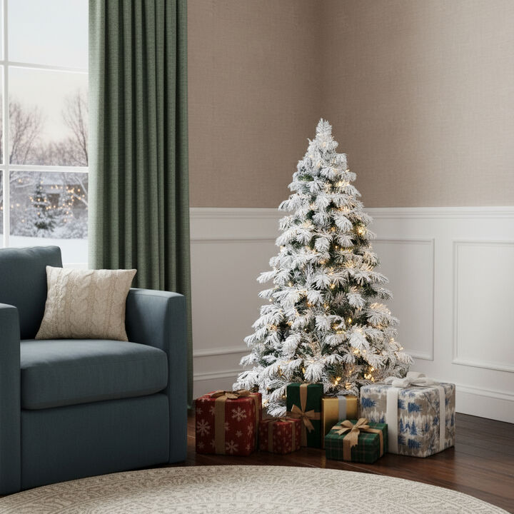 HomeRoots 7' Pre Lit Full Flocked Pine Christmas Tree