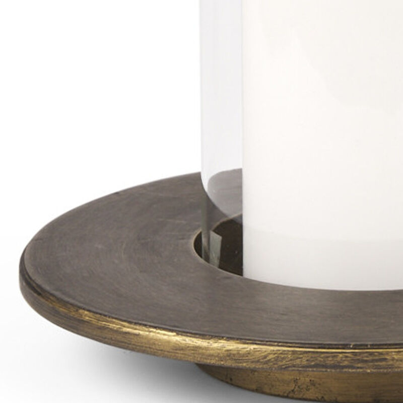 HomeRoots Set of Two Gold Distressed Geometric Metal Tabletop Hurricane Candle Holders