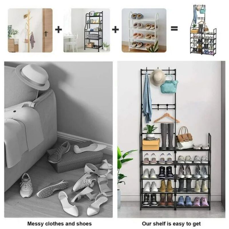 5-Tier Shoe Storage Organizer, Holds 25-30 Pairs, Freestanding Shoe Rack with Hooks