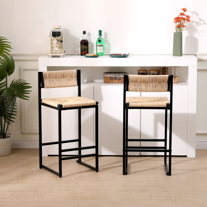 GOODSILO Set of Two Hand-Woven Paper Rope Bar Stools with Footrest Comfortable Seating for Kitchen Islands Dining Rooms