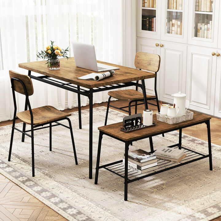 Dining Table Set for Apartment – 4-Piece Table, Bench, and 2 Chairs with Metal Frame