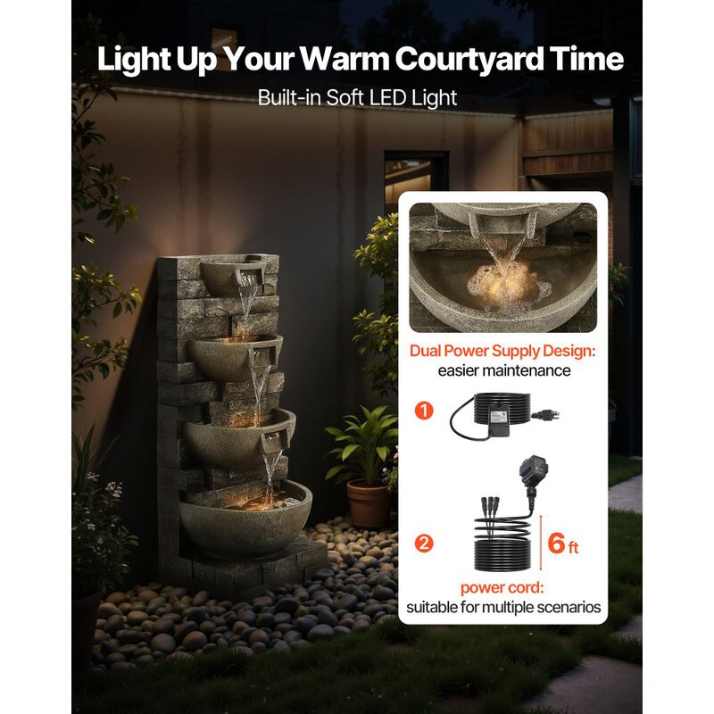 4-Tier Waterfall Fountain with Built-In LED Lights, Floor Standing Water Feature for Patio Garden-Concrete Grey image number 5