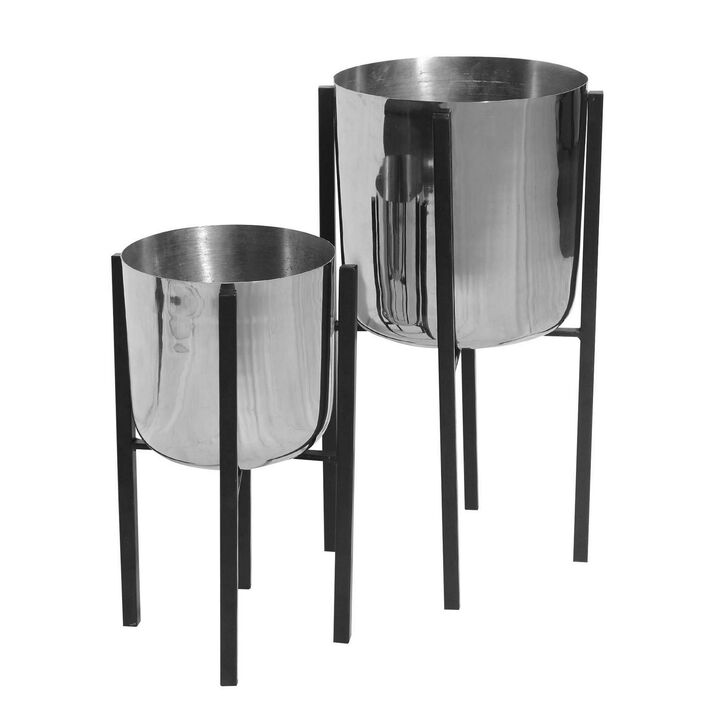 Iron Plant Stand with Bowl Shape and Tubular Metal Frame, Set of 2, Silver and Black-Benzara
