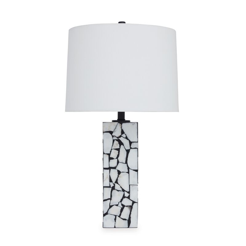 28 Inch Table Lamp, Drum Shade, Black and White Mosaic Marble Art Resin - Benzara