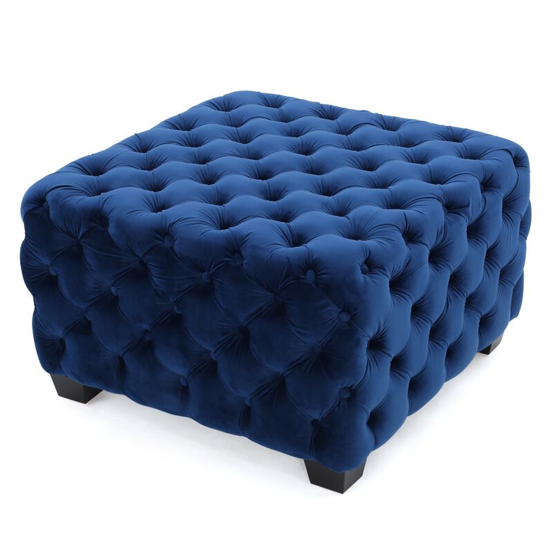 Ottoman, Modern Button Tufted, Navy Blue Velvet, 29 Inch Square Shape - Benzara