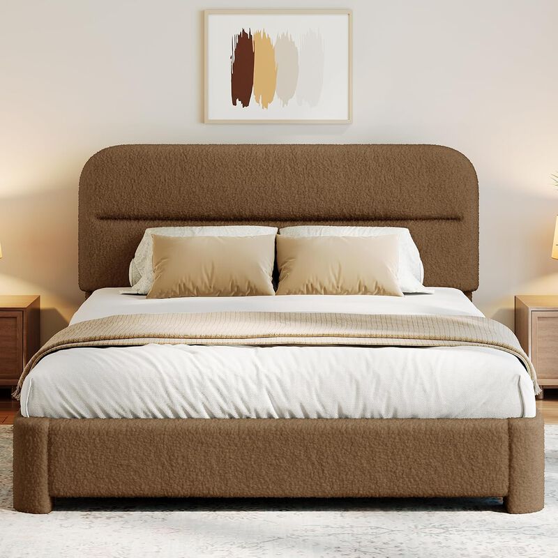 Vipbear Upholstered Boucle Platform Bed Frame with Adjustable Wide Headboard, Wooden Slats, Coffee image number 8