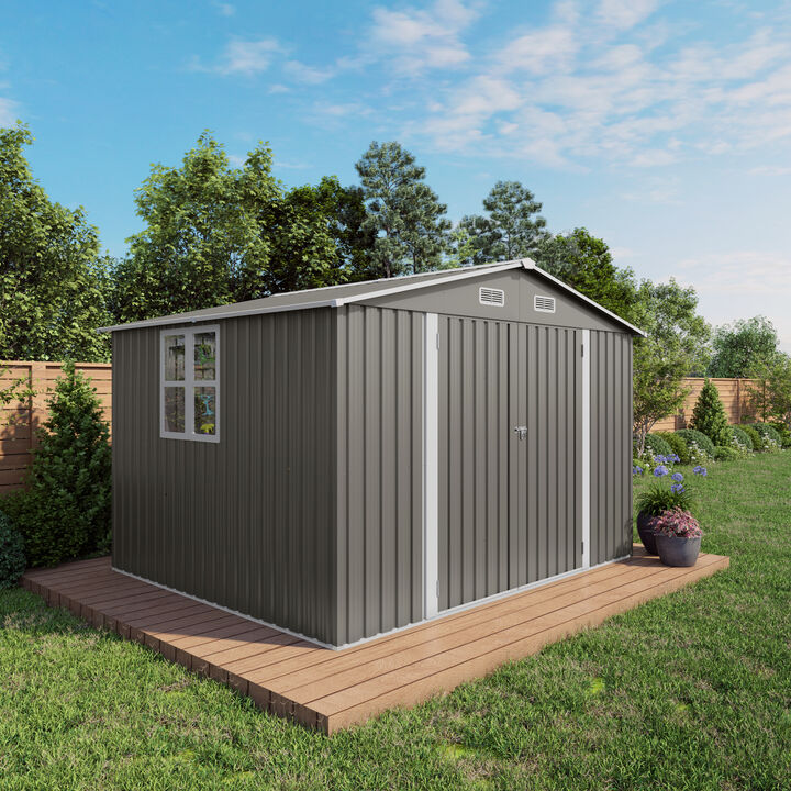 10x8 FT Large Metal Storage Shed, Lockable Door and Air Vent, Clear Window