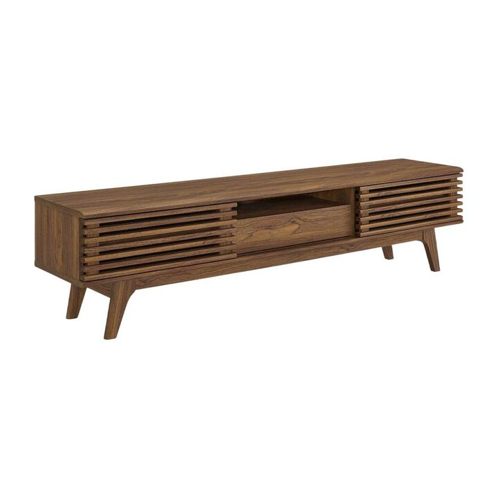 Wooden brown TV stand with spacious surface and modern design