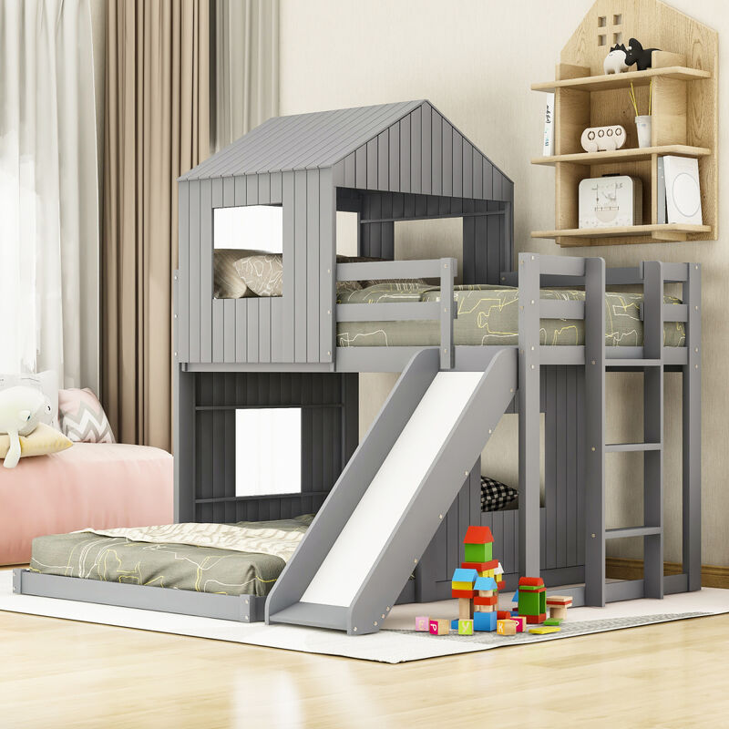 Wooden Twin Over Full Bunk Bed, Loft Bed With Playhouse, Farmhouse, Ladder, Slide And Guardrail image number 1