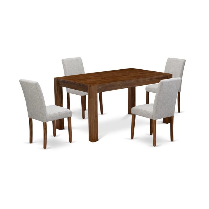 East West Furniture CNAB5-NN-35 5Pc Kitchen Set Offers a Kitchen Table and 4 Parson Chairs with Doeskin Color Linen Fabric, Medium Size Table with Full Back Chairs, Sand Blasting Antique Walnut Finish