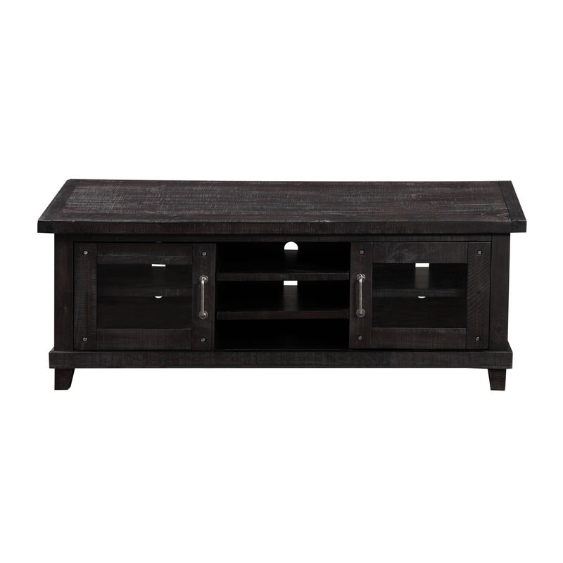 Three Open Shelves Entertainment Center with Exposed Bolts and Cross Bracing, Brown - Benzara image number 1