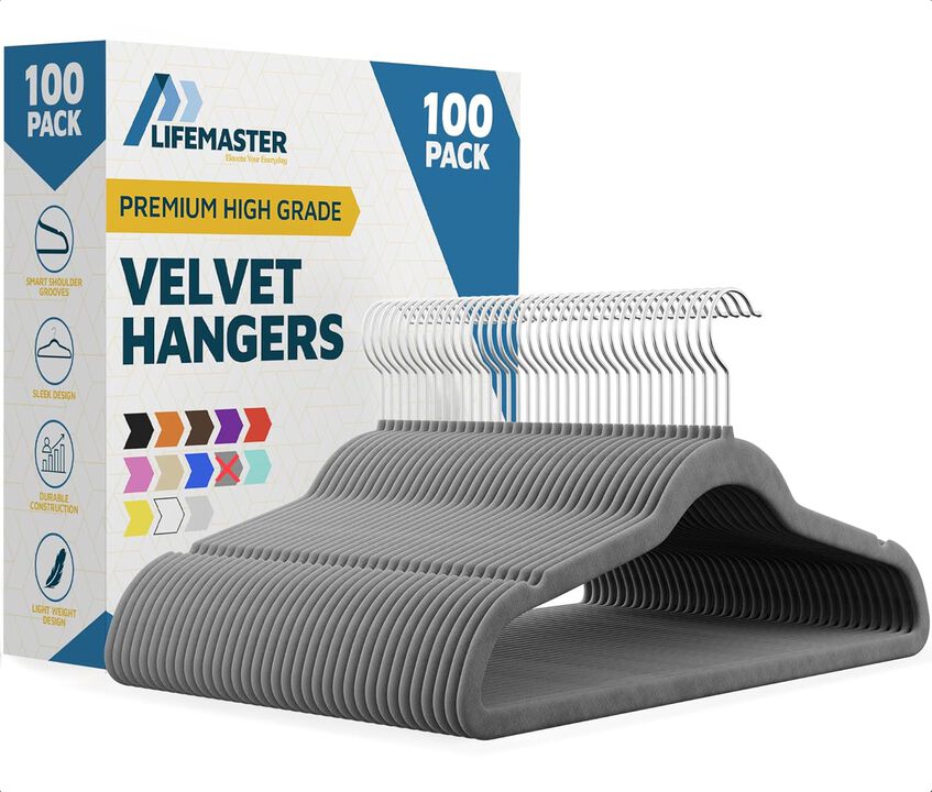 Velvet Non-Slip Hangers - 100 Pieces Non-slip Coat Hanger Set with 360&deg; Swivel Hook, Space-Saving, Sleek Design, Keep Closet Organized, Smooth Velvet Finish, Lightweight Construction - Gray