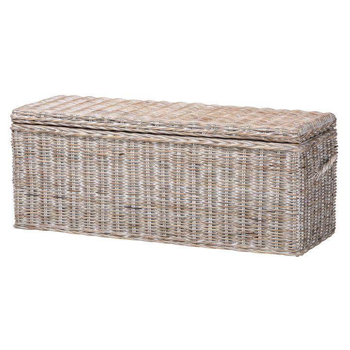 bali & pari Clarette Whitewashed Rattan Storage Bench - Handwoven Wicker Storage Trunk with Lift-Top Lid, Boho Coastal Seating for Living Room, Bedroom, or Entryway
