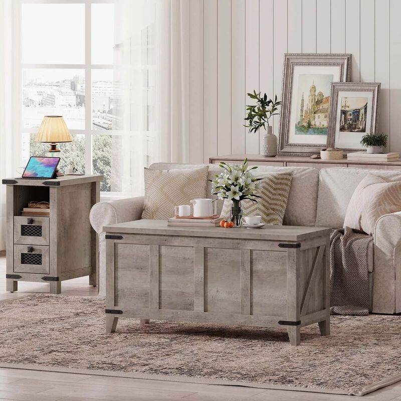 Wooden Storage Chest with Lift Top for Living Room and Bedroom-Greige image number 7