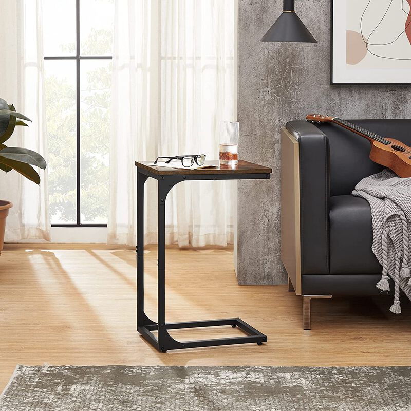 Hivvago Brown C-Shaped Side Table with Metal Frame