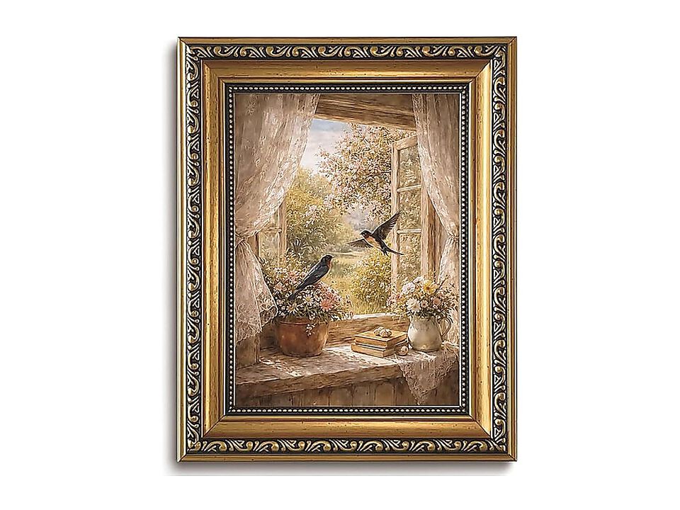 Gold Framed Wall Art Vintage Swallow Canvas Birds Window View Rustic Cottagecore