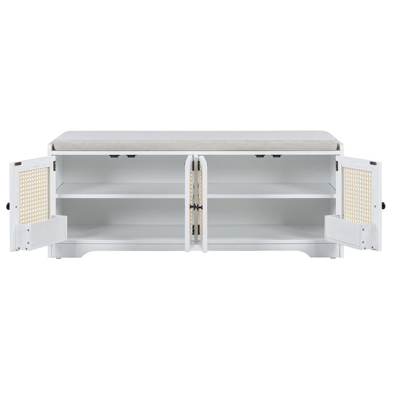 Whisen TREXM Rustic Storage Bench Multifunctional Wood Entryway Shoe Bench with Removable Cushion, Woven Rattan Doors & Adjustable Shelves image number 6