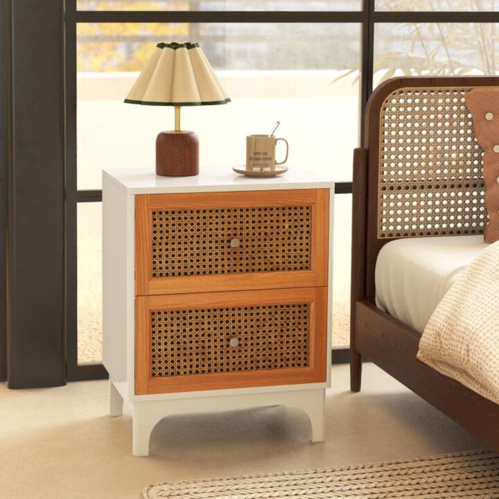 Hivvago Boho Accent Table Nightstand with 2 Handwoven Rattan Decorated Drawers