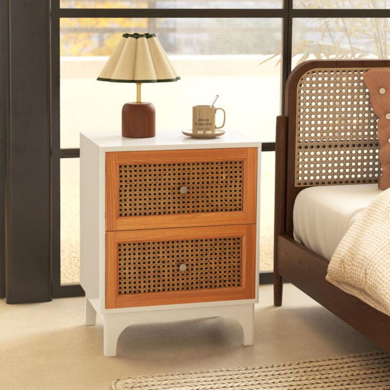 Hivvago Boho Accent Table Nightstand with 2 Handwoven Rattan Decorated Drawers