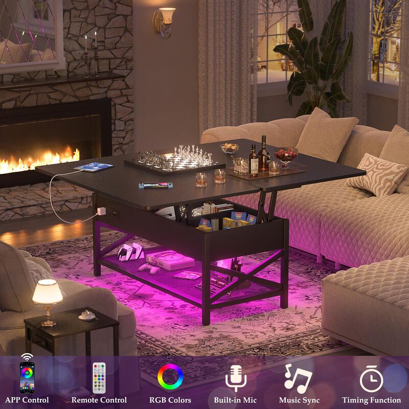 Aheaplus Coffee Table Lift Top Multi-Function Coffee Table Converts to Dining Table, with LED Light and Power Outlet, Center Tab