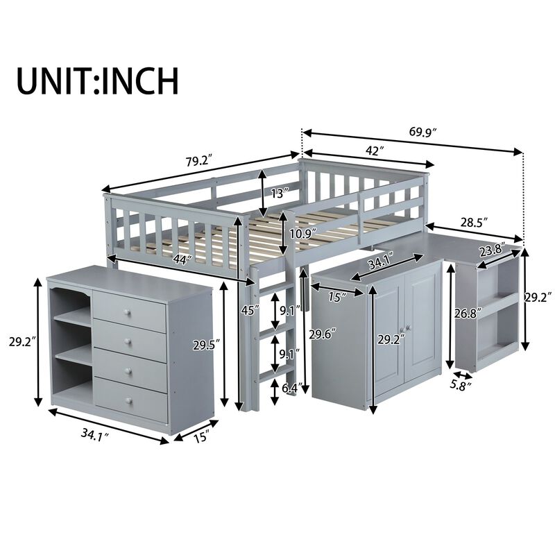 Whisen Twin Loft Bed with Drawers, Built-in Cabinet and Pulling-Out Desk, Rubber Wood Loft Bed with Safety Guardrail and Ladder - Gray