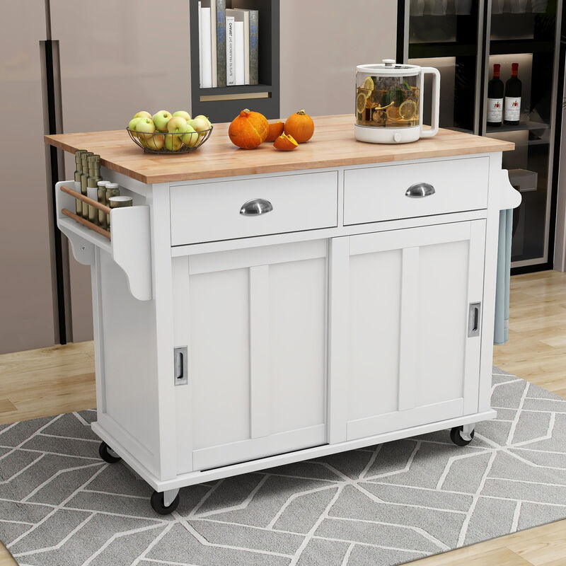 Whisen Modern Kitchen Island with Rubber wood Drop-Leaf Countertop and Storage Cabinet - White