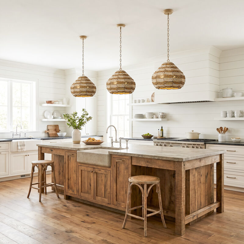 15.7" Bohemian 2-Light Distressed Brown and White Wood Beaded Gourd Chandelier, Pendant Light for Bedroom, Living Room or Dining Room image number 2